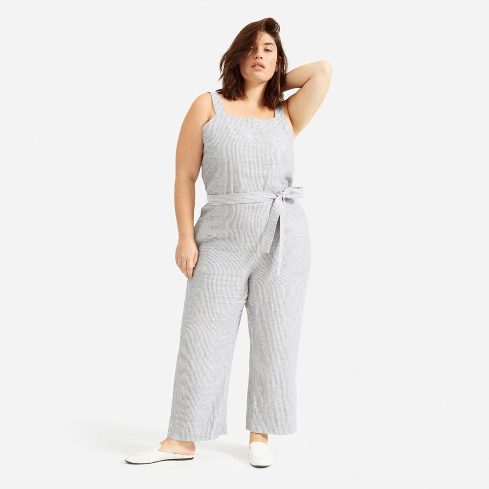 Everlane The Linen Square-Neck Jumpsuit Grey/White Stripe - Size 00